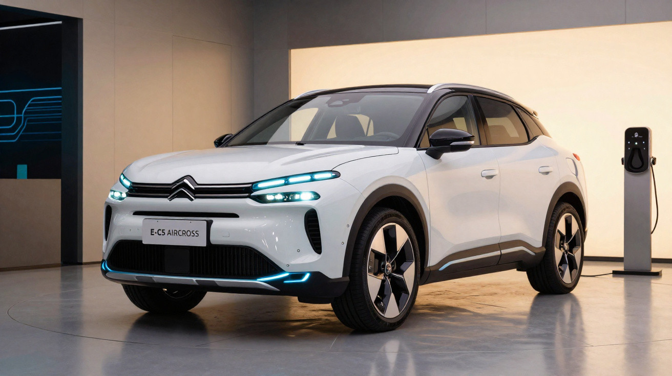 White Citroën E-C5 Aircross electric SUV parked indoors next to a charging station with blue accent lights.