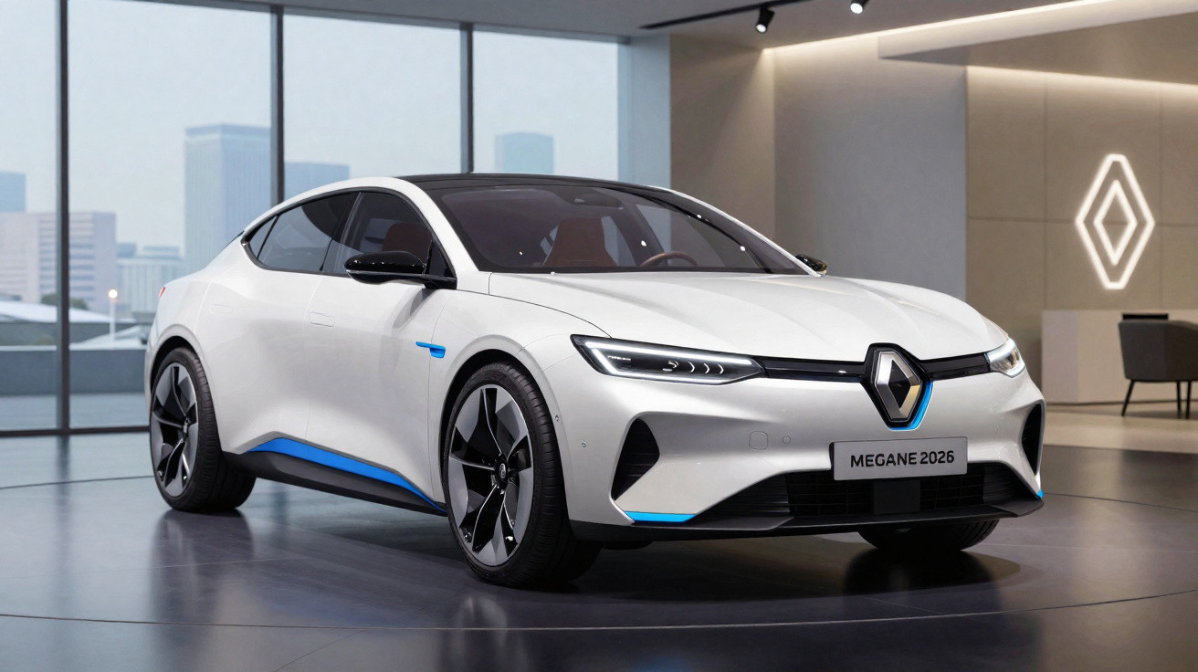 White 2026 Renault Megane electric car displayed in a modern showroom with cityscape visible through windows.