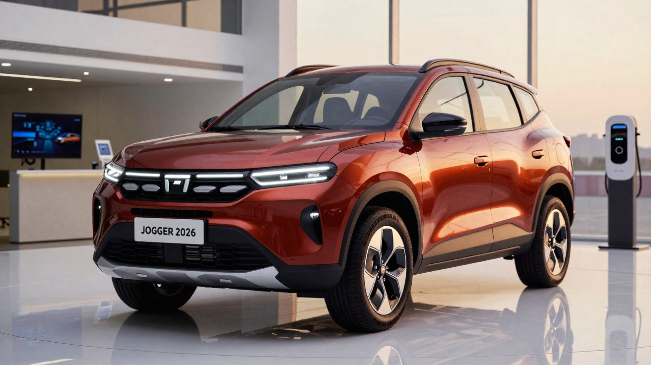 Red 2026 Dacia Jogger SUV displayed indoors near an electric vehicle charging station.