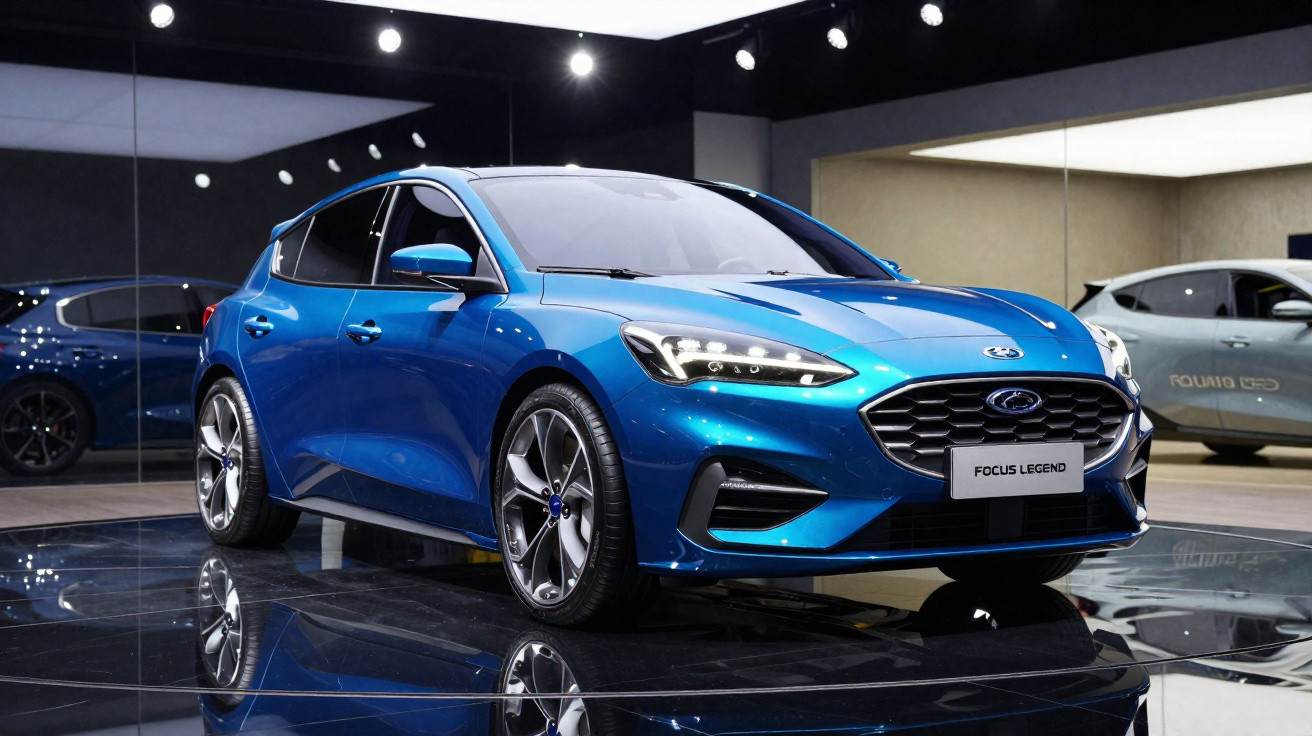 Blue Ford Focus Legend hatchback car displayed in a showroom with reflective floor and modern lighting.