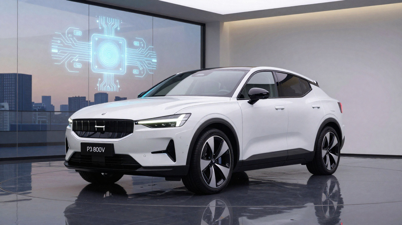 White Polestar P3 800V electric car displayed indoors with digital circuit graphic on glass window behind.