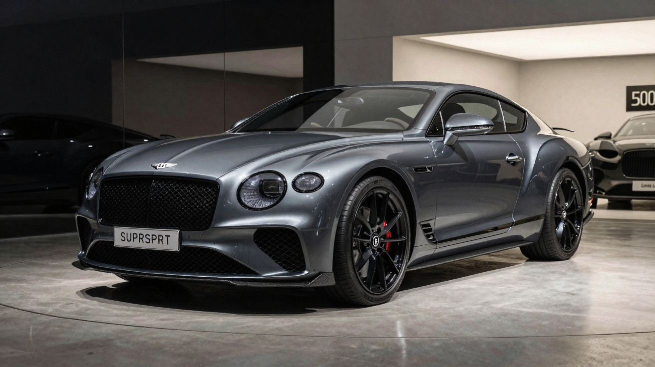 Grey Bentley Continental GT sports car parked indoors with black rims and 'SUPRSPRT' license plate.