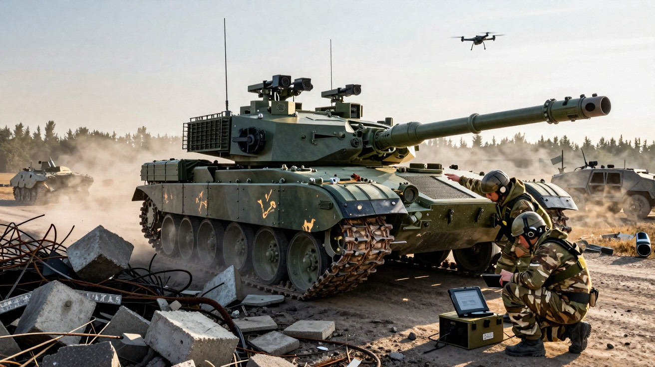 Military tank with two soldiers operating equipment beside rubble and a flying drone in a dusty outdoor setting.