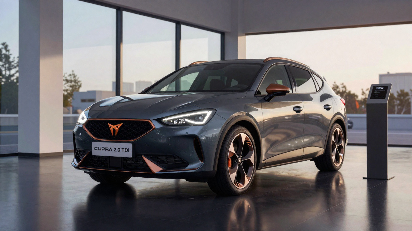 Grey Cupra 2.0 TDI sporty crossover car displayed indoors on polished floor near large windows and information stand.