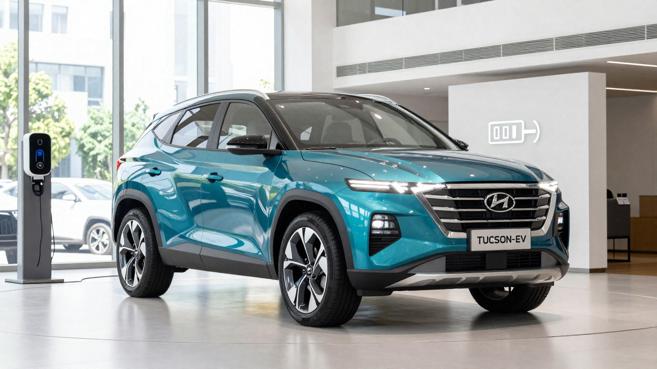 Teal Hyundai Tucson EV electric SUV on display in showroom near a charging station and battery icon on wall.