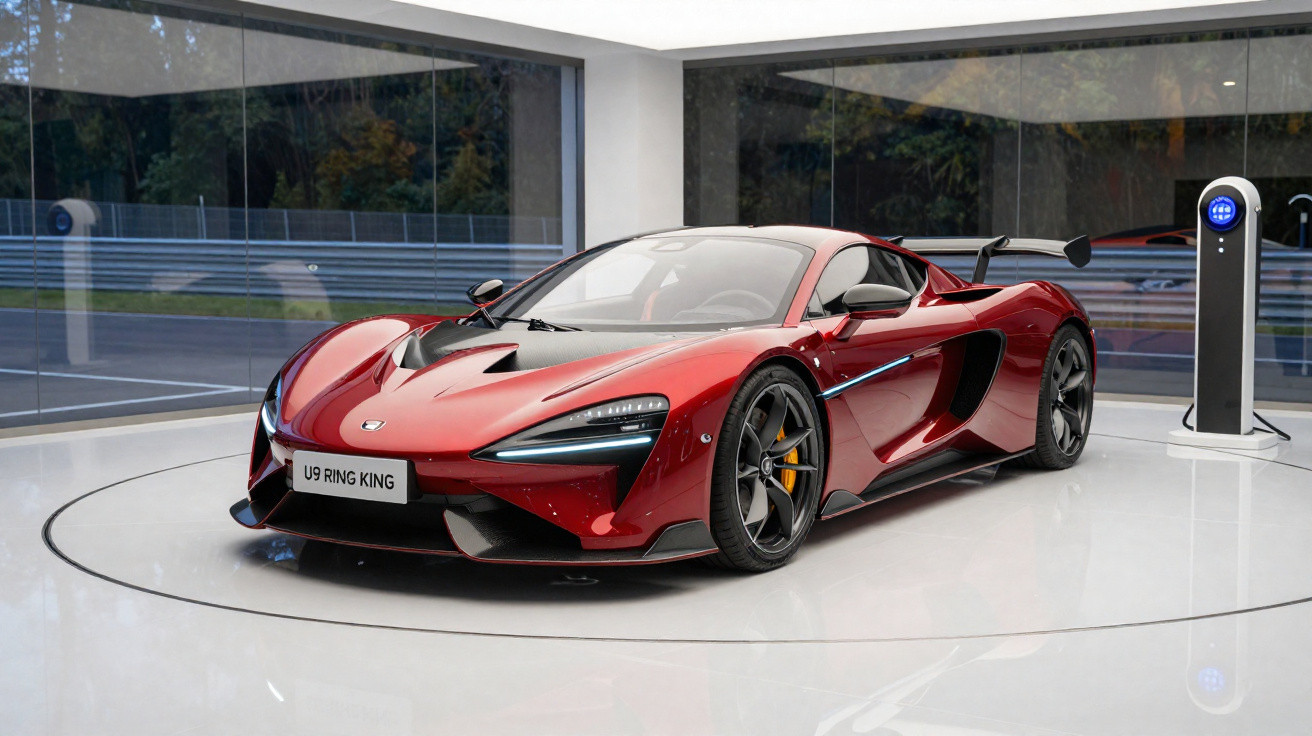 Red McLaren sports car displayed indoors on a circular rotating platform with glass windows in the background.