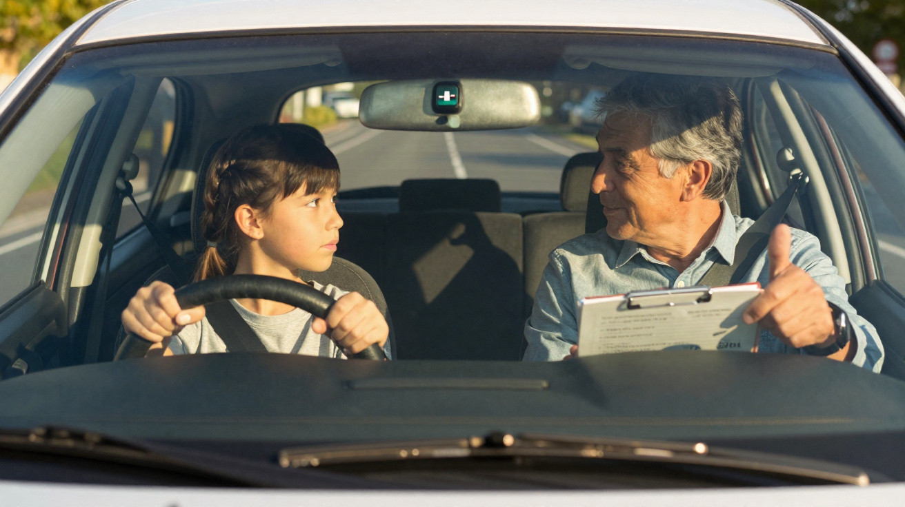 Young girl taking driving lesson with instructor holding clipboard inside car on a sunny day.