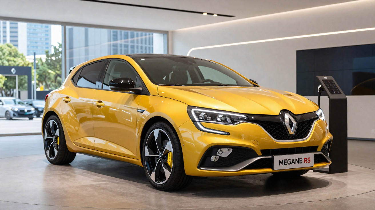 Yellow Renault Megane RS hatchback displayed indoors with black roof and sporty alloy wheels