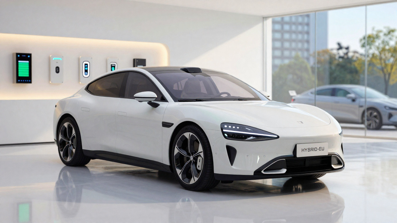 White sleek hybrid electric car displayed indoors with various charging devices mounted on a wall behind.