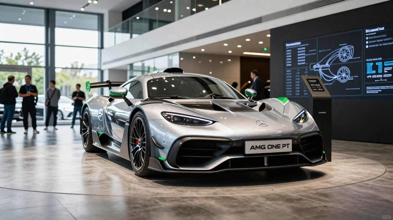 Silver Mercedes AMG One hypercar displayed indoors with people and digital screens in the background.