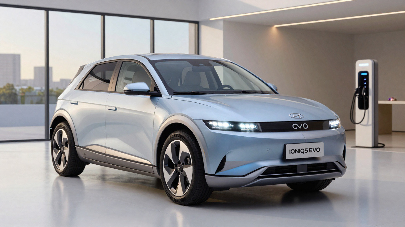 Silver Hyundai Ioniq 5 EVO electric car parked indoors next to a white charging station.