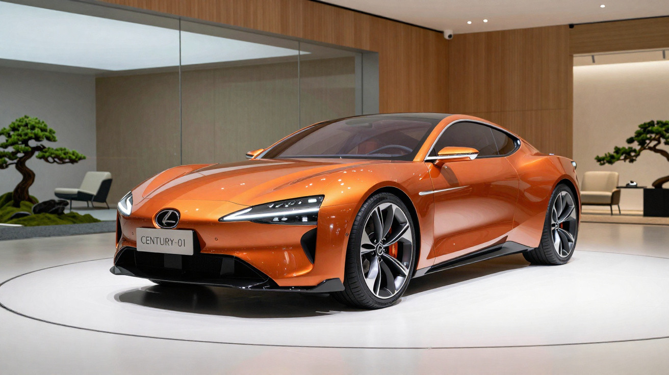 Orange Lexus Century-01 sports car displayed in a modern showroom with wooden and glass decor.