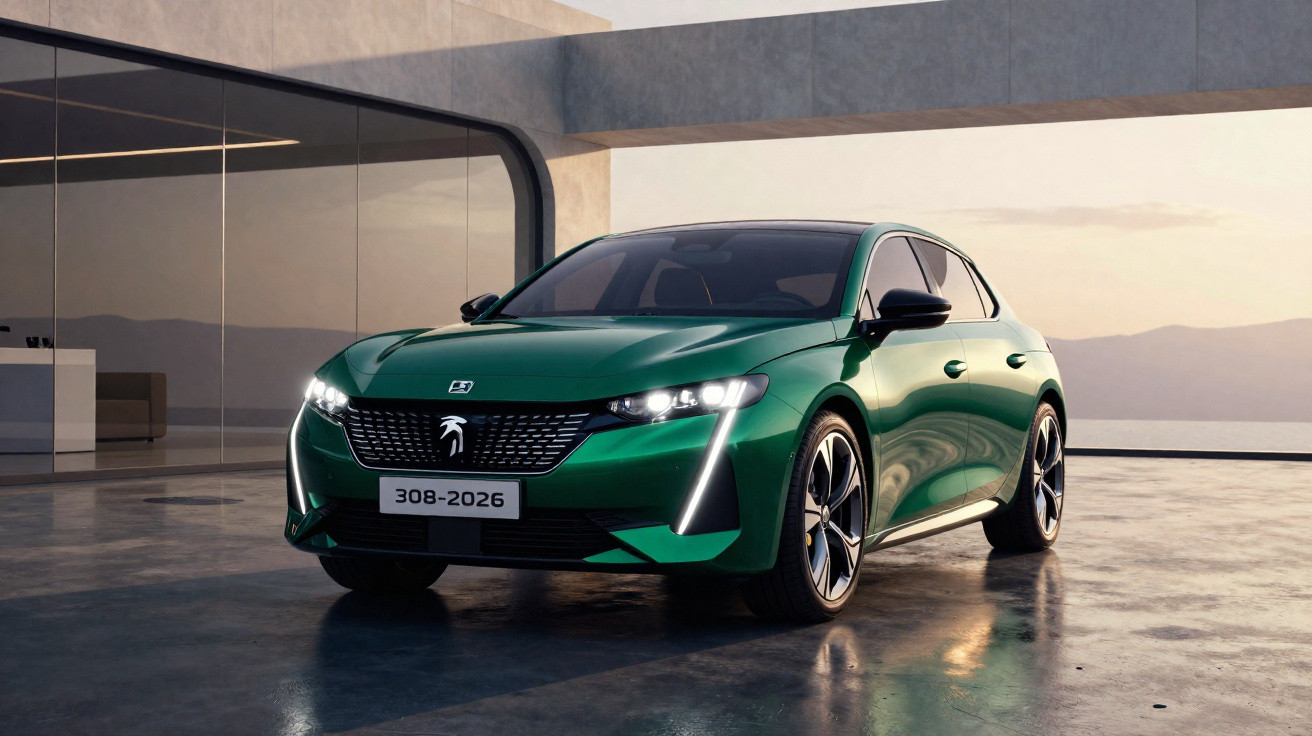 Green Peugeot 308 parked in a modern, glass-walled garage at dusk with headlights on.