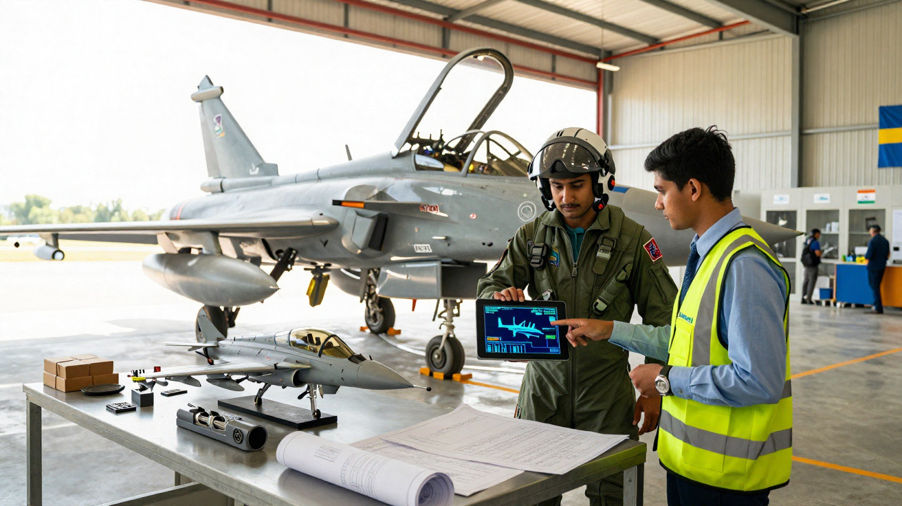 Two men, one in pilot gear and one in high-visibility vest, examine aircraft schematics on a tablet near a fighter jet.