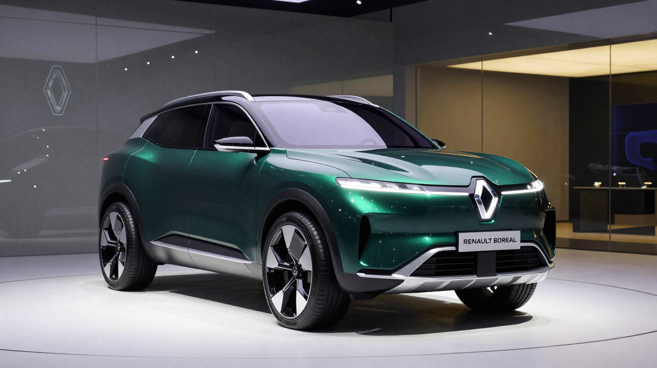 Green Renault Boreal electric SUV on display in a modern showroom with sleek design and LED headlights.