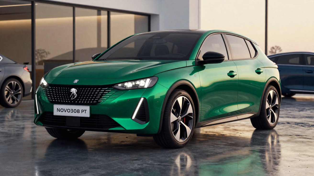 Green Peugeot Novo308 PT hatchback parked on a reflective surface outside a modern building at sunset.
