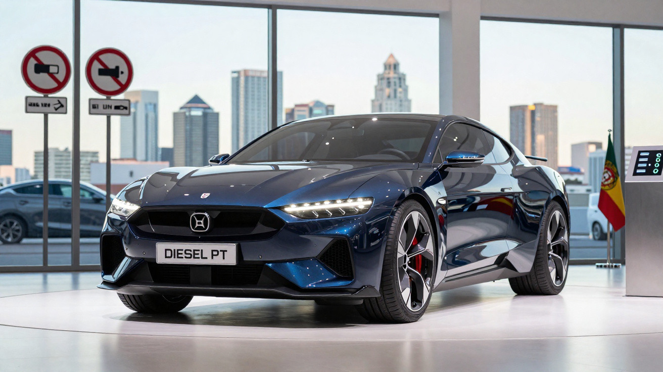 Sleek dark blue sports car displayed indoors with city skyline in background and no smoking signs visible.