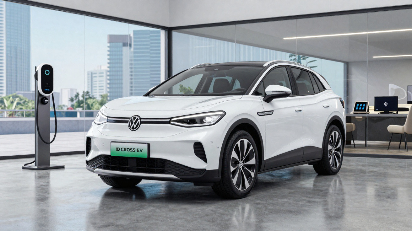 White Volkswagen ID. Cross EV parked indoors near an electric vehicle charging station with city buildings visible outside.