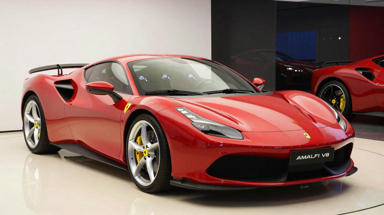Red Ferrari Amalfi V8 sports car displayed indoors with polished floor and reflective walls.