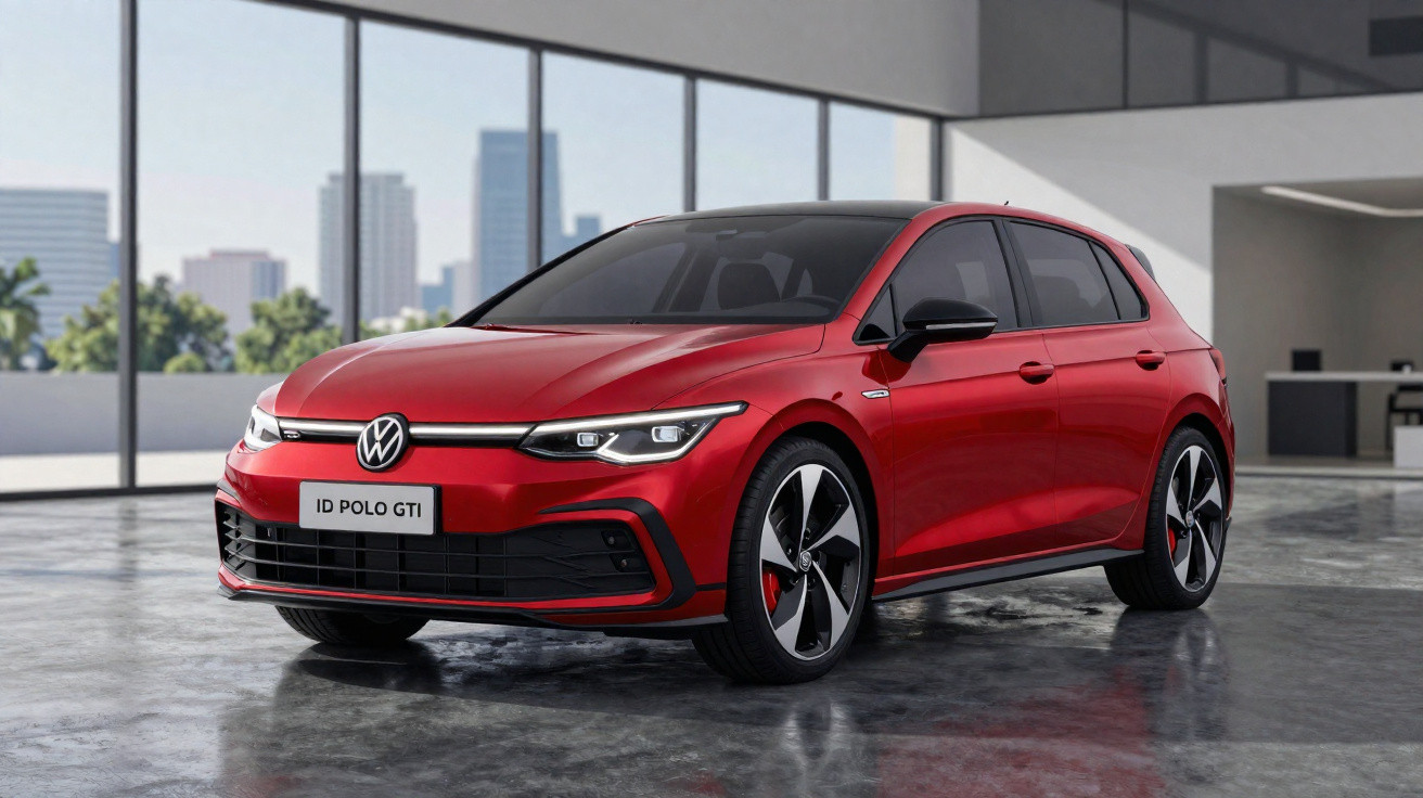 Red Volkswagen ID Polo GTI hatchback parked inside a modern building with large windows and city view.