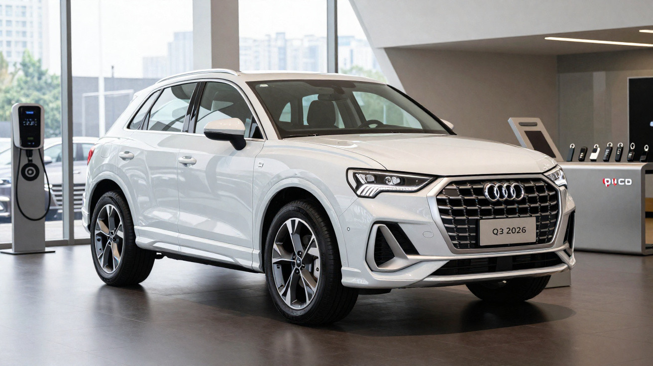 White 2026 Audi Q3 SUV displayed indoors next to an electric vehicle charging station.