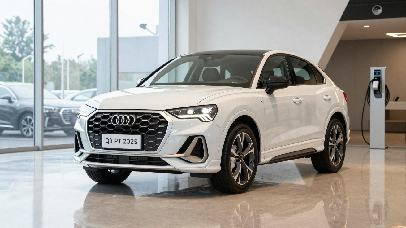 White Audi Q3 PT 2025 model displayed in a showroom with a charging station nearby.