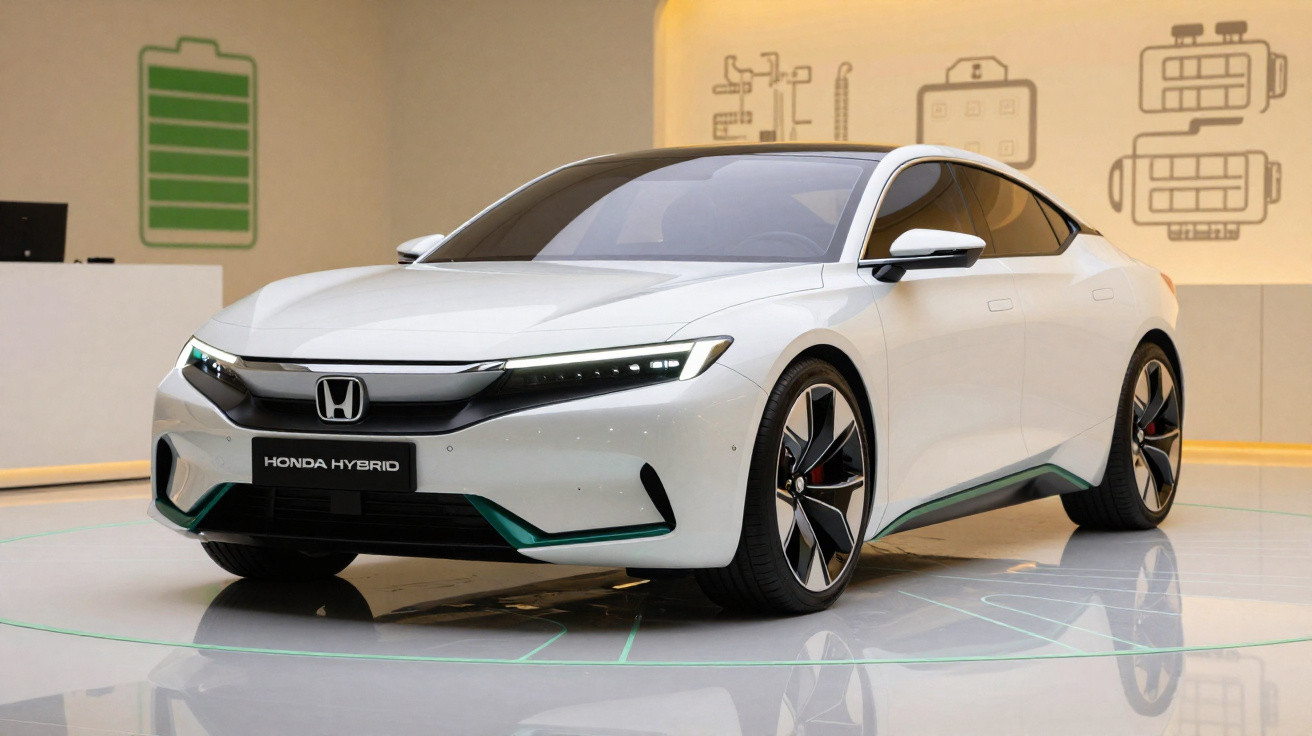 White Honda hybrid car with sleek design displayed indoors against green battery icon backdrop.