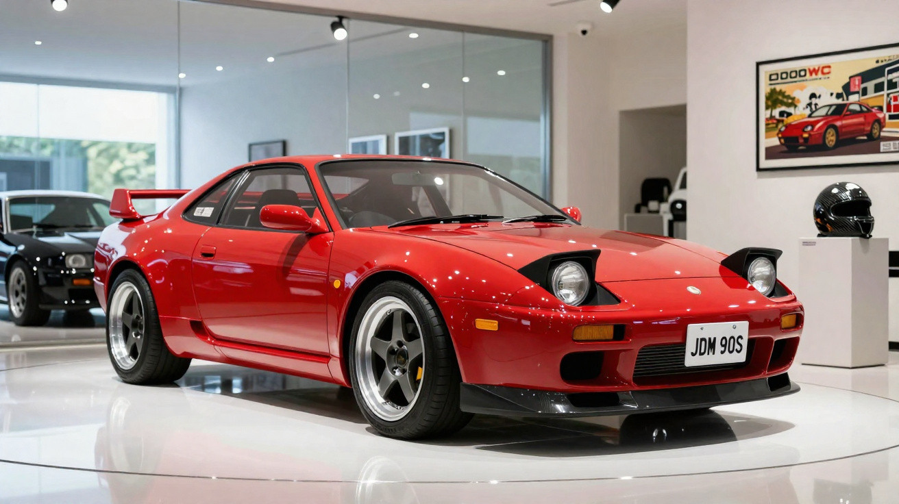 Red Nissan 240SX with pop-up headlights on display in a modern showroom with a framed car poster and helmet.