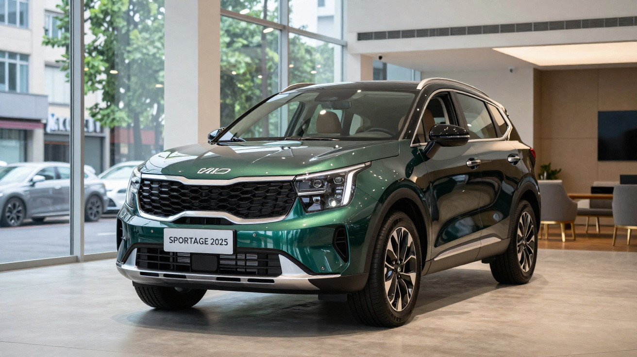 Green 2025 Kia Sportage SUV displayed in a modern showroom with large windows and urban background.