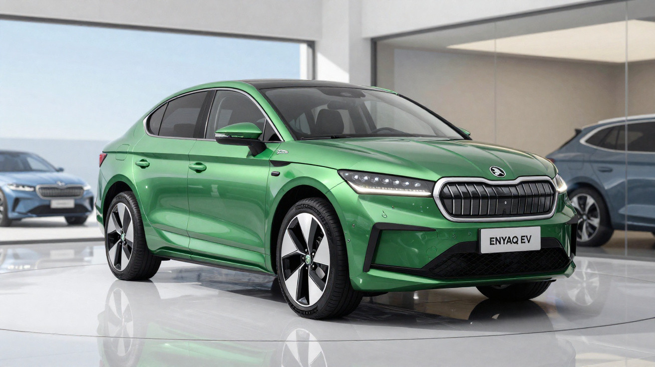 Green Škoda Enyaq EV electric SUV displayed in a bright showroom with modern design and alloy wheels.