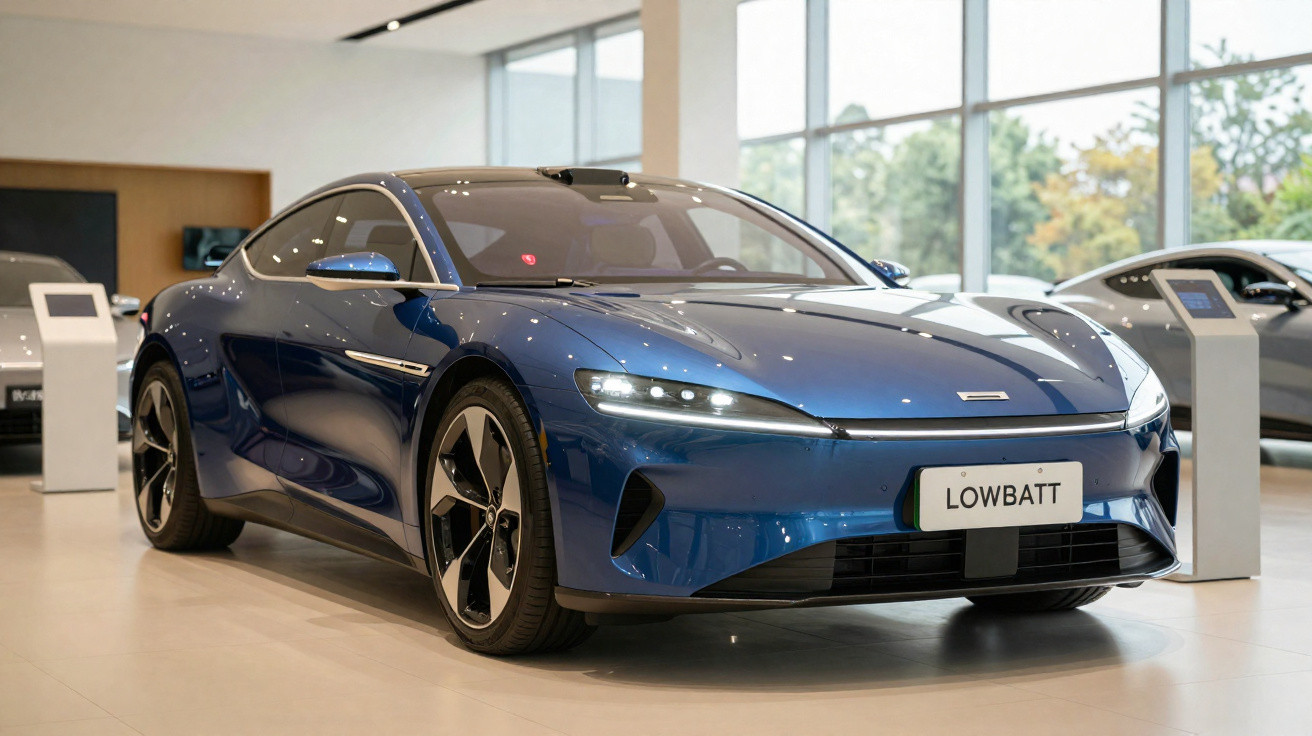 Blue electric sports car with sleek design displayed in a showroom with large windows and natural light.