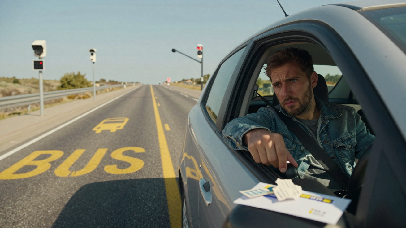 Man in car handing over parking tickets on a road marked with a bus lane and traffic cameras ahead.