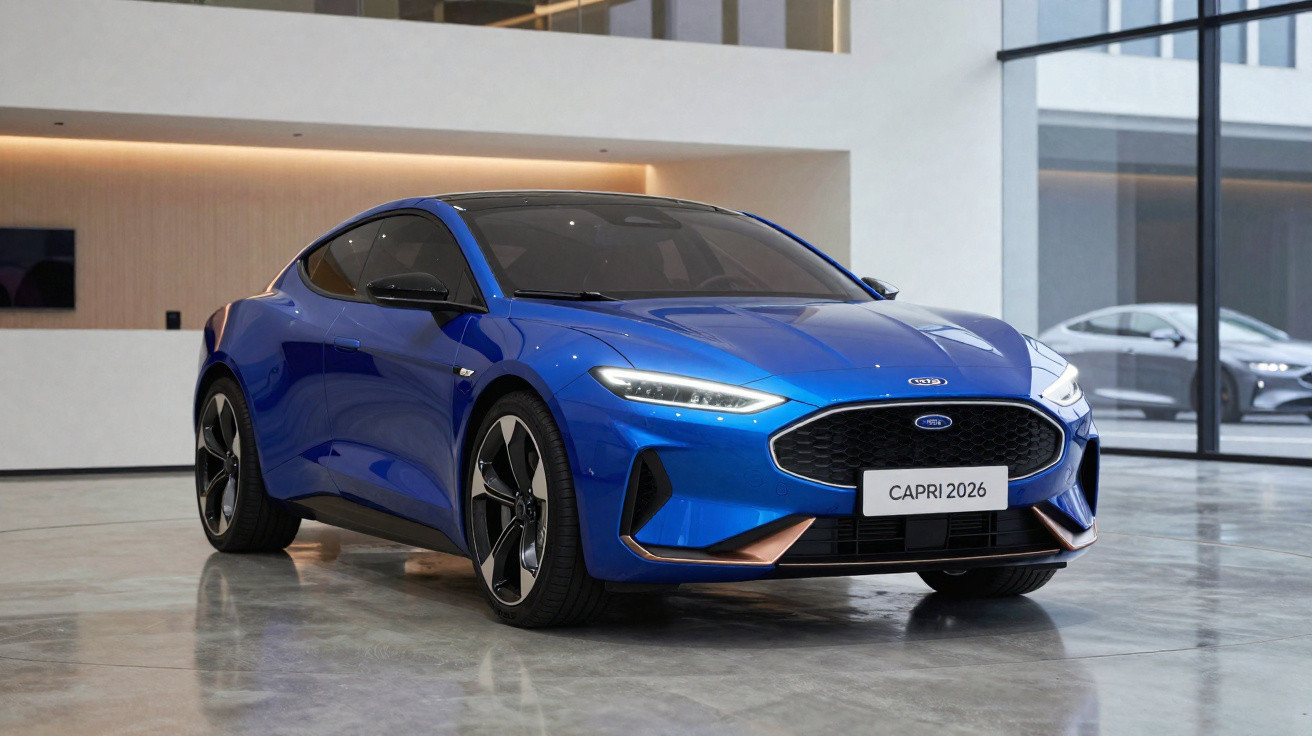 Blue Ford Capri 2026 electric car parked indoors on a polished concrete floor near glass windows.