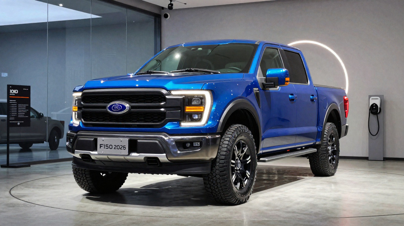 Blue 2025 Ford F150 pickup truck displayed indoors with black wheels and visible charging station.