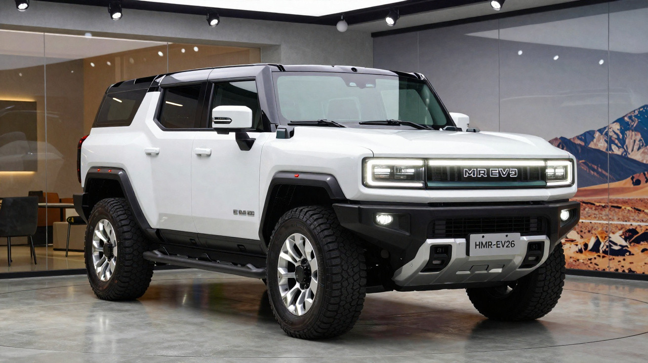 White and black electric off-road SUV parked indoors with MR EV3 logo and chunky tyres