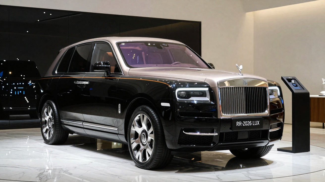 Black and silver Rolls-Royce luxury car showcased in a modern showroom with polished floors and soft lighting.