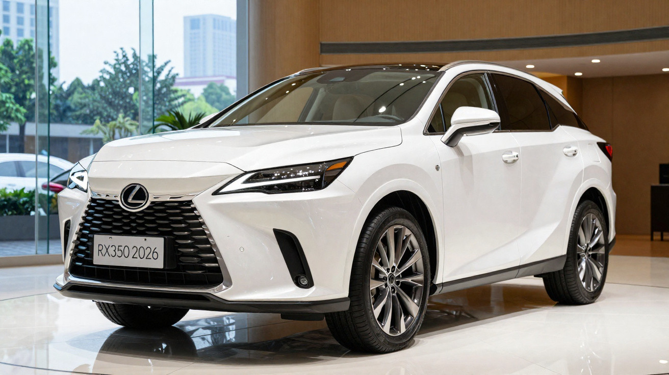 White Lexus RX350 2026 model luxury SUV displayed indoors with cityscape visible through glass windows.