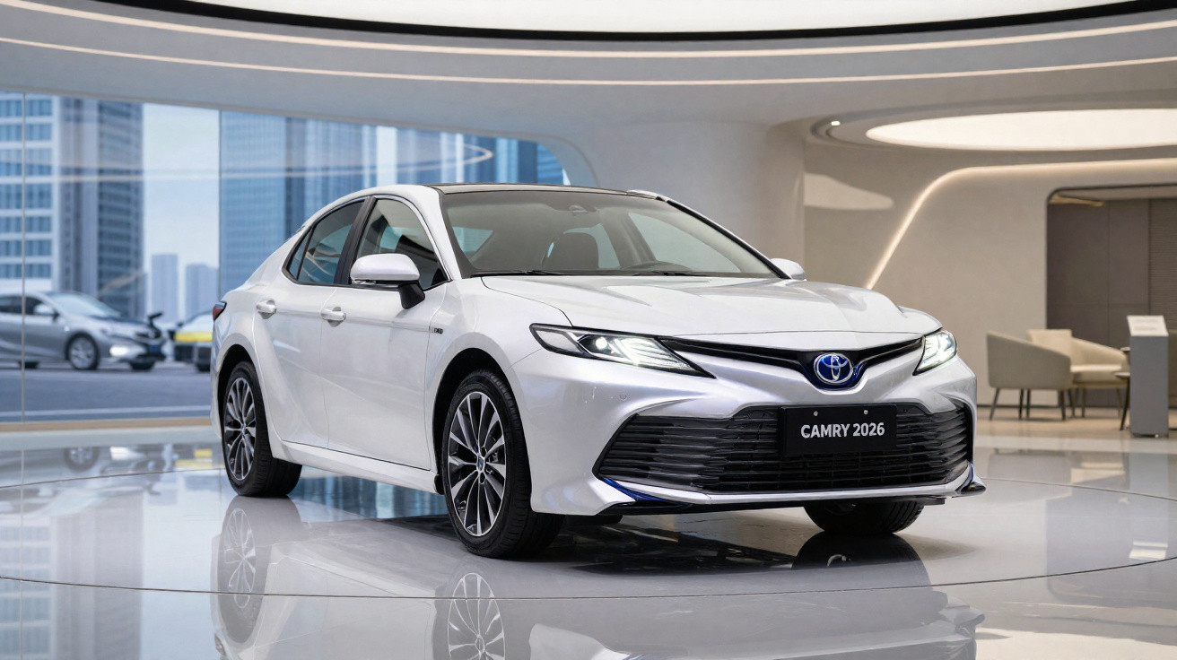 Silver 2026 Toyota Camry sedan displayed in a modern showroom with cityscape visible through large windows.