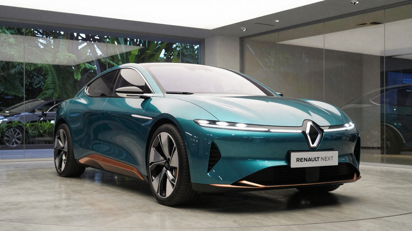 Sleek blue Renault Next electric car displayed inside a glass-walled showroom with modern lighting.