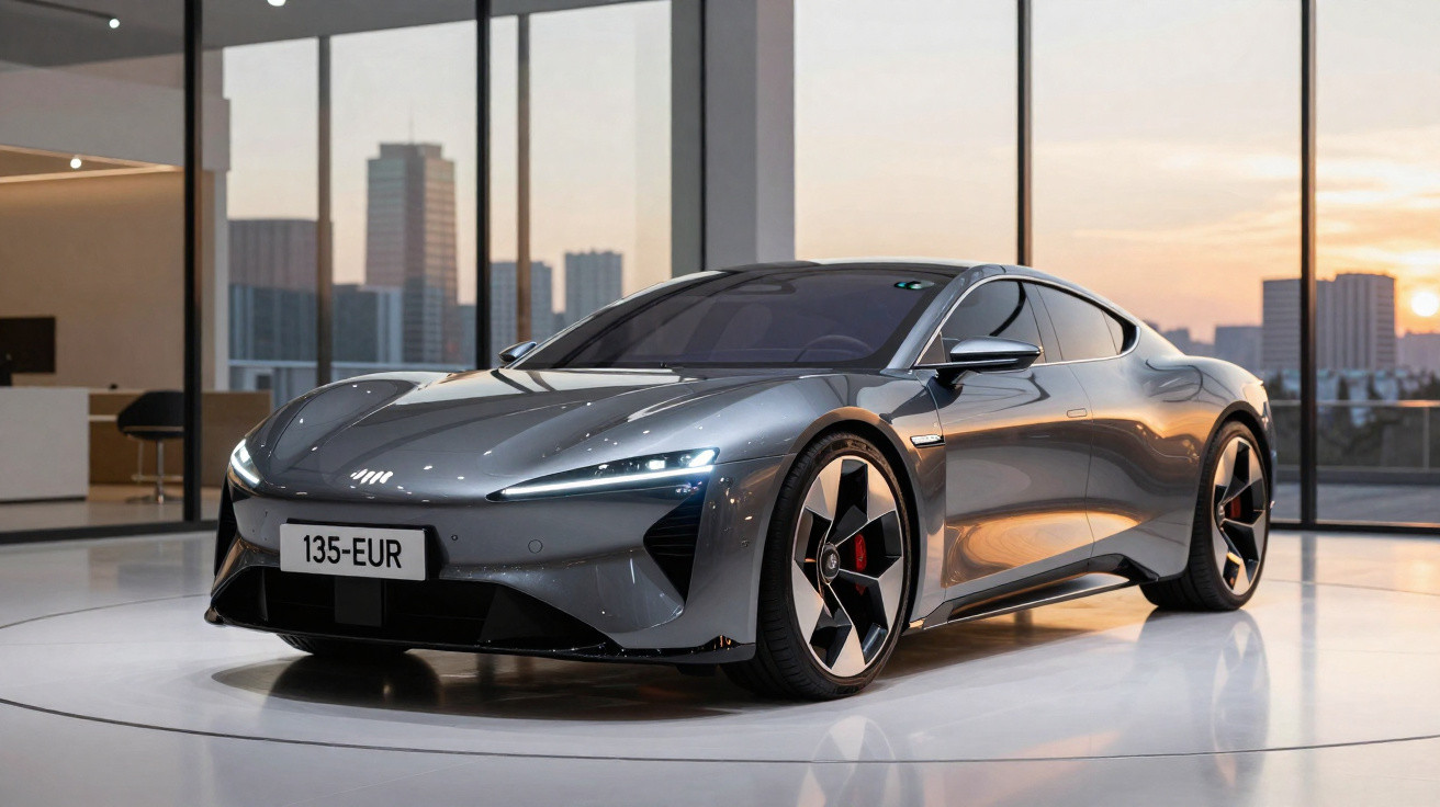 Sleek silver sports car with futuristic design displayed indoors against cityscape at sunset.