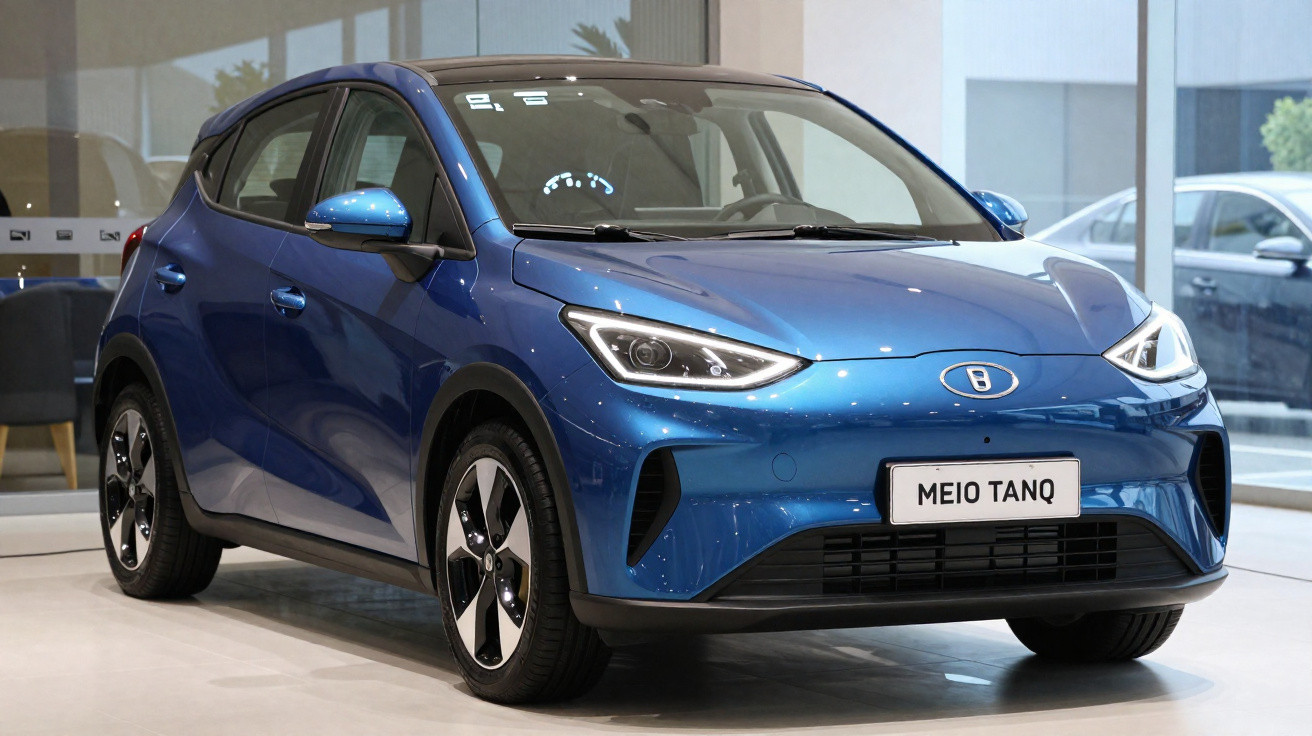 Blue ME10 TANQ electric hatchback car displayed indoors with modern design and black roof.