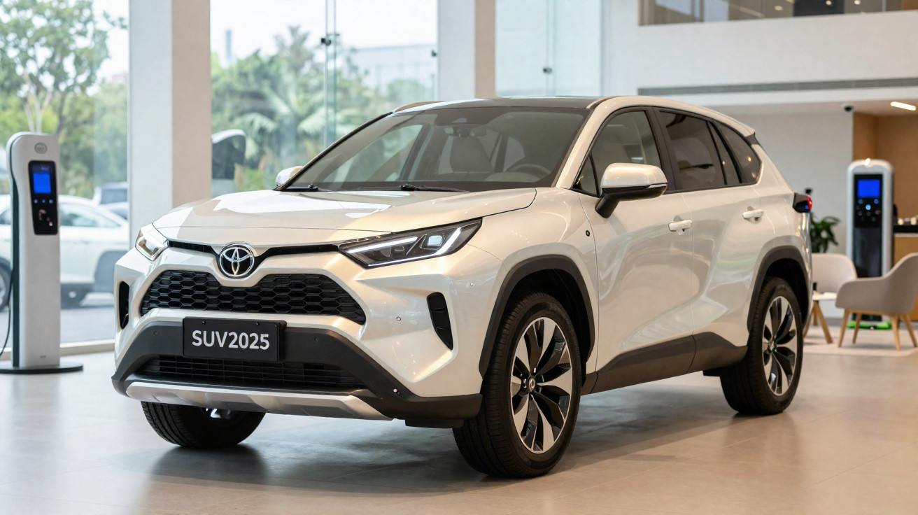 White 2025 Toyota SUV displayed indoors near electric vehicle charging stations.