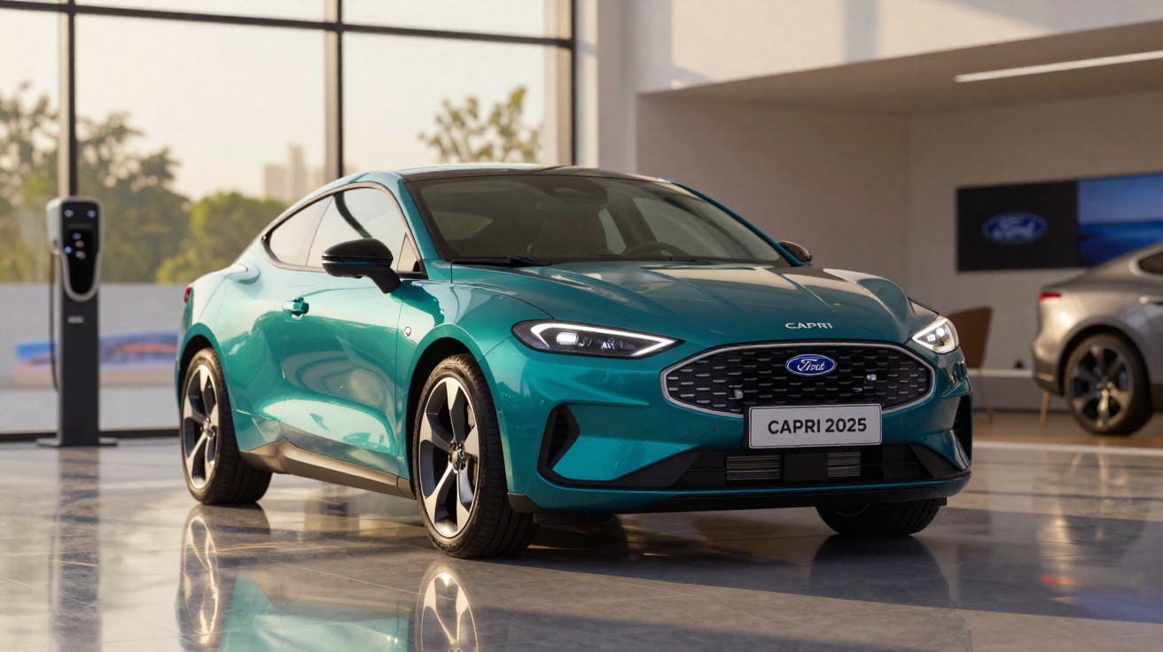 Teal 2025 Ford Capri electric sports car displayed indoors next to a charging station.