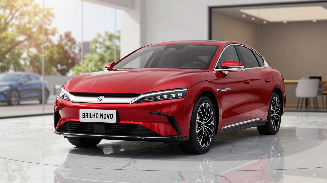 Red sleek electric sedan parked inside a modern showroom with glossy floors and large windows.