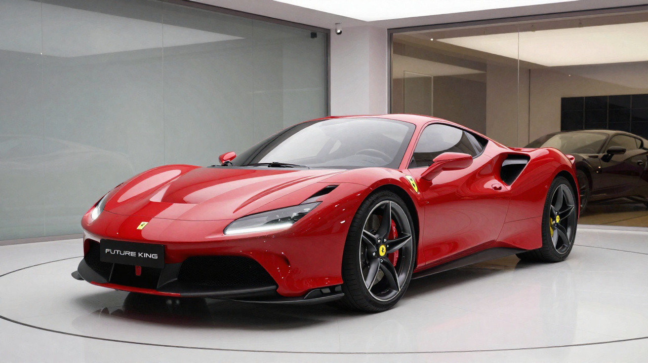 Red Ferrari sports car displayed in a modern showroom on a white circular platform.