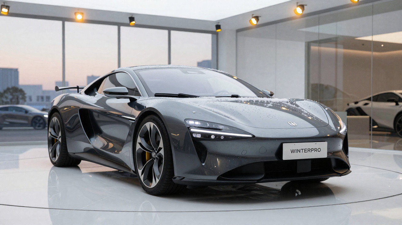 Grey McLaren sports car displayed in a modern glass showroom with bright overhead lights.