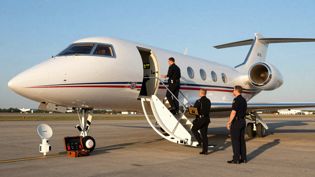 Three men in uniforms inspect a white private jet on an airport tarmac under a clear sky.