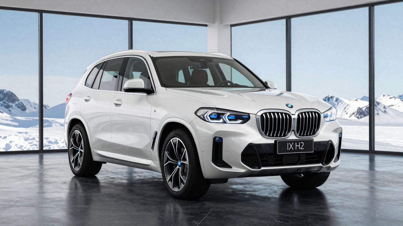 White BMW iX H2 electric SUV parked indoors with snowy mountains visible through large windows.