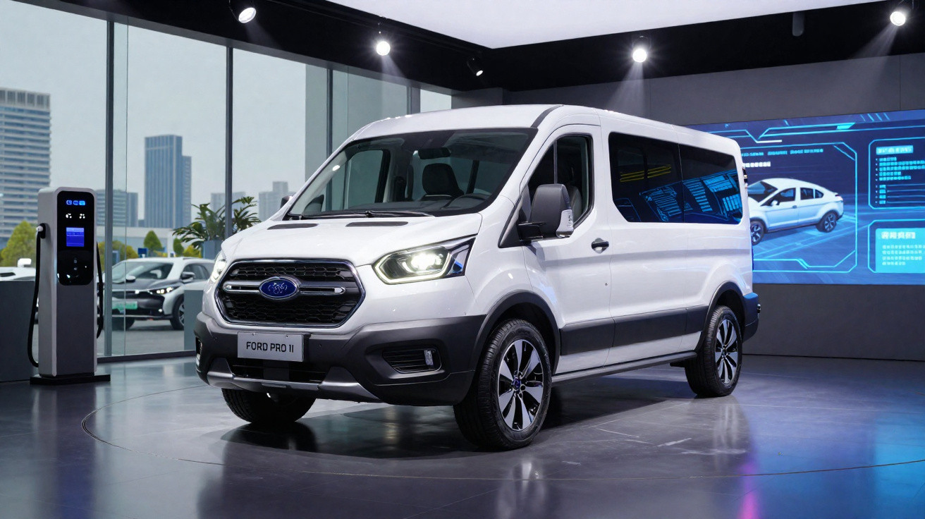 White Ford Pro II electric van displayed indoors near a charging station with digital blue screens in background.