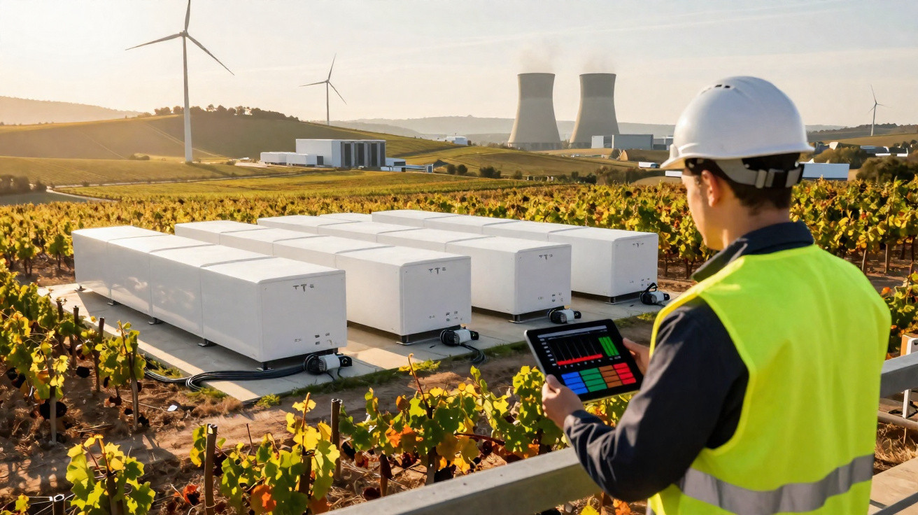 Engineer in high-visibility vest and helmet monitoring batteries in vineyard with wind turbines and cooling towers in backgro